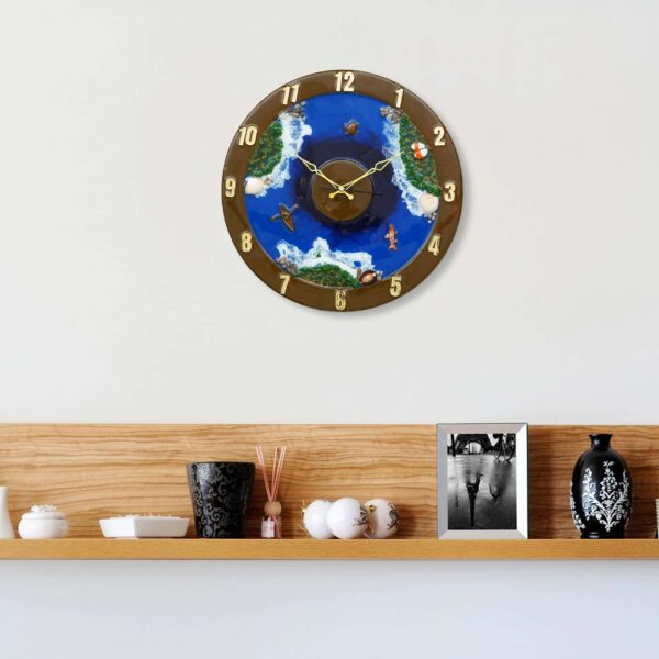 Exquisite Wooden Handmade Wall Clock Ocen Blue ith Green And White Printed Acrylic Wall Clock For Home & Office Decorative Big Size Clock (16 Inch) - Image 3